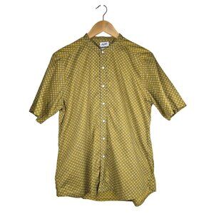 Richter Goods Mustard Yellow Band Collar Short Sleeve‎ Pearl Snap Shirt - Size L